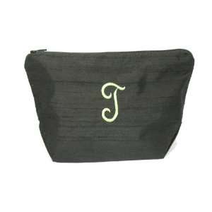    Embroidered Silk Dupioni Cosmetic Bag with T in Lime Beauty