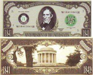 9th UNITED STATES President W.H. Harrison Novelty Money Bill $1.25 