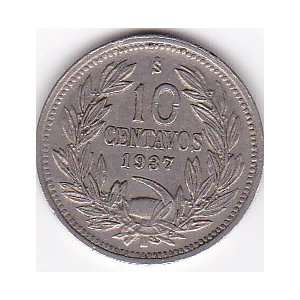  1937 Chile 10 Centavos Coin 