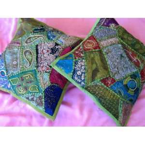   GREEN SARI INDIA COUCH THROW DECORATIVE CUSHION COVER: Home & Kitchen