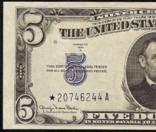 1934 D $5 DOLLAR BILL BLUE STAR SILVER CERTIFICATE NOTE Fr 1654 