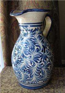 Antique SPANISH FAIENCE MAJOLICA PITCHER Blue Leaves Vintage Glazed 