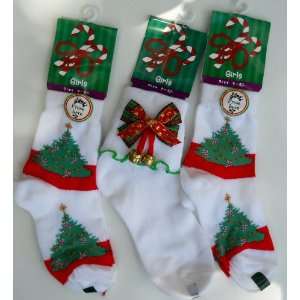  Three Pairs Girls Christmas Socks Size 7 8.5 with Bells 