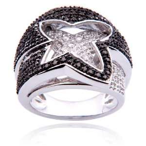  Sterling Silver Black Diamond and White Topaz Ring, Size 8 