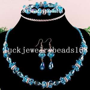 AB Sapphire Blue Crystal Drop Necklace Bracelet Earrings Set FG3898 