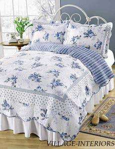 CHIC SHABBY BLOSSOM BLUE ROSE / WHITE F/QUEEN COTTON QUILT  