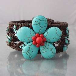   Wire Turquoise/ Coral Flower Cuff Bracelet (Thailand)  