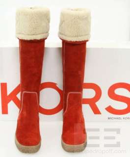 Kors Michael Kors Red Suede Topstitched Shearling Lined Wedge Boots 