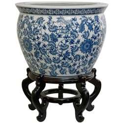 Porcelain 12 inch Blue and White Floral Fishbowl (China)   
