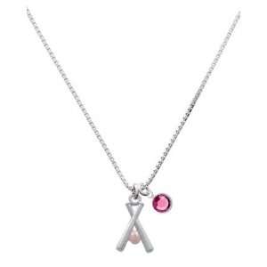 Silver Pair of Crossed Bats with Pink Enamel Softball/Baseball Charm 
