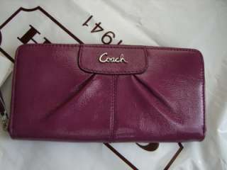 COACH Ashley Dark Plum Patent Leather Pleated Zip Around Wallet 46307 
