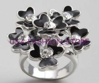 GUESS BLACK FLOWER SILVER FASHION RING CRYSTALS SIZE 7  