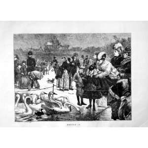   1870 WINTER FROZEN LAKE SWANS CHILDREN DOGS OLD PRINT
