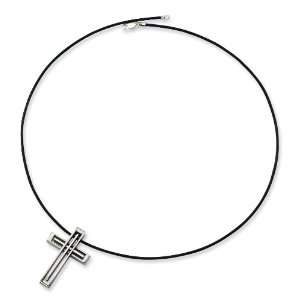  Stainless Steel Leather Cord Cross Necklace   18 Inch 