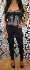 Bebe Black Lace Corset Skinny Pintuck Pants Jumpsuit Romper Size Small 