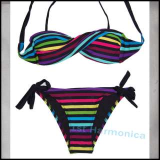 New Womens Bikini Bathsuit Swimwear Rainbow striped Removable strap 