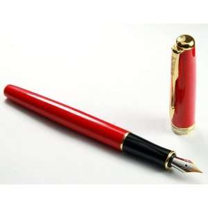 Classic Fire Red Fountain Pen Golden Carved Ring & Tip with Push in 