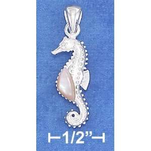  Sterling Silver 20mm Long Seahorse Charm with Pink Mother 
