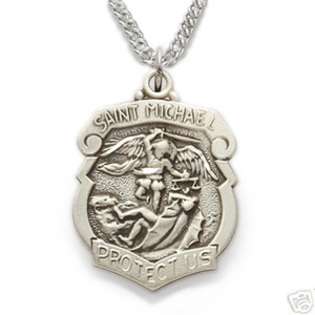 Mens Silver St. Saint Michael Police Shield Medal Necklace Engraving 