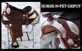 16 MEDIUM OIL LEATHER WESTERN horse SADDLE TRAIL BROWN LOADED SILVER 