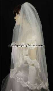 TIER IVORY BRIDAL WEDDING FINGERTIP VEIL STUNNING EMBROIDERED LACE W 