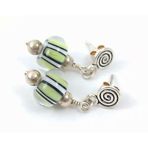   Sterling Silver and Lampwork Glass Drop Earrings Green Stripe Jewelry