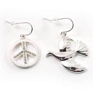  Silver Tone Dove And Peace Sign Drop Earrings Jewelry