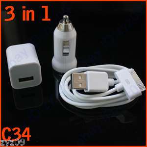   White USB Car Charger+Wall Charger Adapter+Cable F iPod/iPhone 3/4G/4S