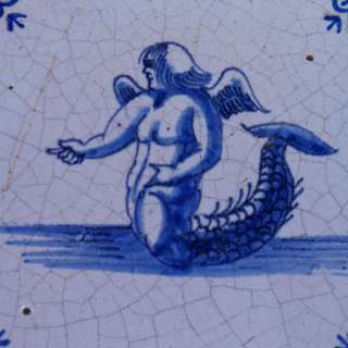 rare 17th century Dutch Delft blue tile Seacreature  