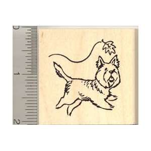  Cute Terrier Dog Chasing a Leaf Rubber Stamp   Wood 