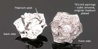 Cubic zirconia white gold pt rose flower stud earrings  