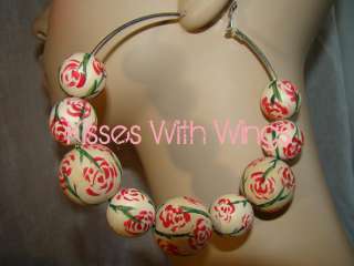 Natural Wood Hoop Beaded Earrings (floral print hand painted RED 