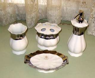   WHITE & PLATINUM Porcelain 4 PC Bath Accessory Set~NEW~ELEGANT  