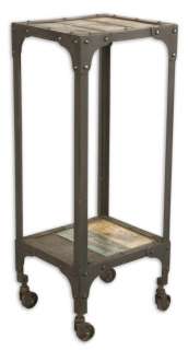 Rustic, antique black iron frame and casters with vintage, multicolor 