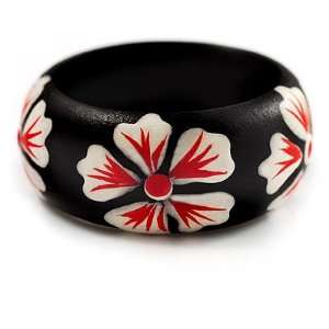  Black Wood White Floral Band Ring   size 7: Jewelry