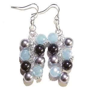   Blue Faceted Crystal & Grey & Black & Pearl Cluster Earrings Jewelry