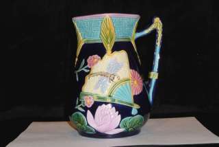 Majolica Pottery Dragonfly & Fans Water Pitcher  