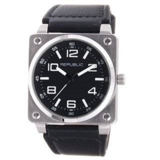 Republic Mens Stainless Steel Black Leather Strap Aviation Watch