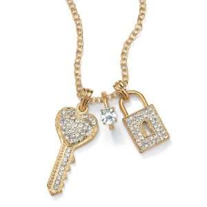  14k Goldplated Clear Crystal Lock, Key and Ring Necklace Jewelry