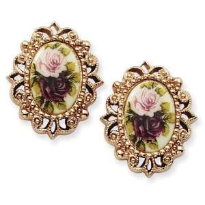   1928 Rose tone Floral Decal Oval Post Earrings 1928 Boutique Jewelry