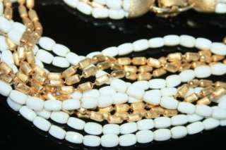   Napier 7 Strands Milk Glass And Gold Tone Metal Beads Necklace  