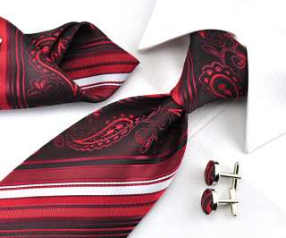   Handmade Woven silk Mens Tie Stripes Necktie set Cufflinks red 154