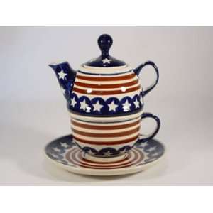  Polish Pottery Tea Service for One Stars Stripes z1148 81 