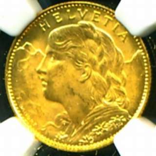 1922 B SWITZERLAND GOLD COIN 10 TEN FRANCS * NGC CERTIFIED GENUINE MS 