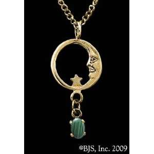 Moon Star Necklace, 14k Yellow Gold, Malachite set gemstone, Moon Star 
