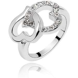   Locker White Gold Plated Swarovski Crystals Double Heart Ring Jewelry