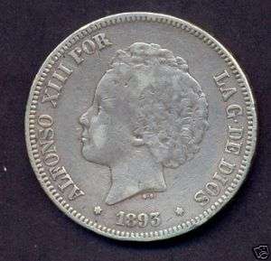 Spain Silver Coin, 5 Pesetas,1893 Year, ,CV$350  