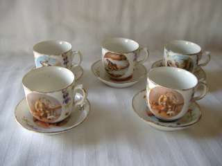   of 5 Demitasse Porcelain Cup and Saucer Painted Scenes Robinson Crusoe