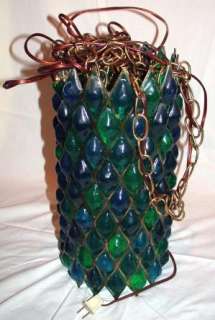 Retro BLUE GREEN Hanging LAMP / LIGHT Swag Vintage on Chain  