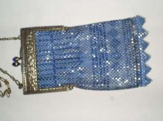Blue Enamel Mesh Silver Silverplate Glass Bead Clasp Purse Handbag 